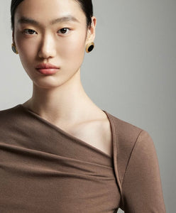 Asymmetric Side Shirring Long Top in Brown