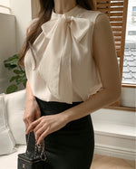 Load image into Gallery viewer, [Ready Stock] Korean Pussy Bow Sleeveless Blouse in Cream
