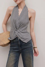 Load image into Gallery viewer, Tencel Blend Checked Twist Sleeveless Top in Black/White
