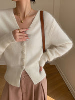 Load image into Gallery viewer, Wool Blend Fluffy Split Hem Cardigan in White
