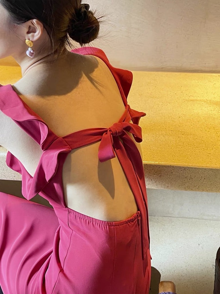 Ruffle Drop Tie Back Maxi Dress in Pink