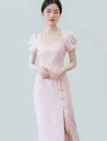 Load image into Gallery viewer, Sweetheart Puff Sleeve Slit Cheongsam in Pink
