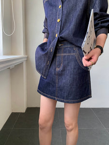 Denim Shirt + Skirt + Trousers Set in Navy