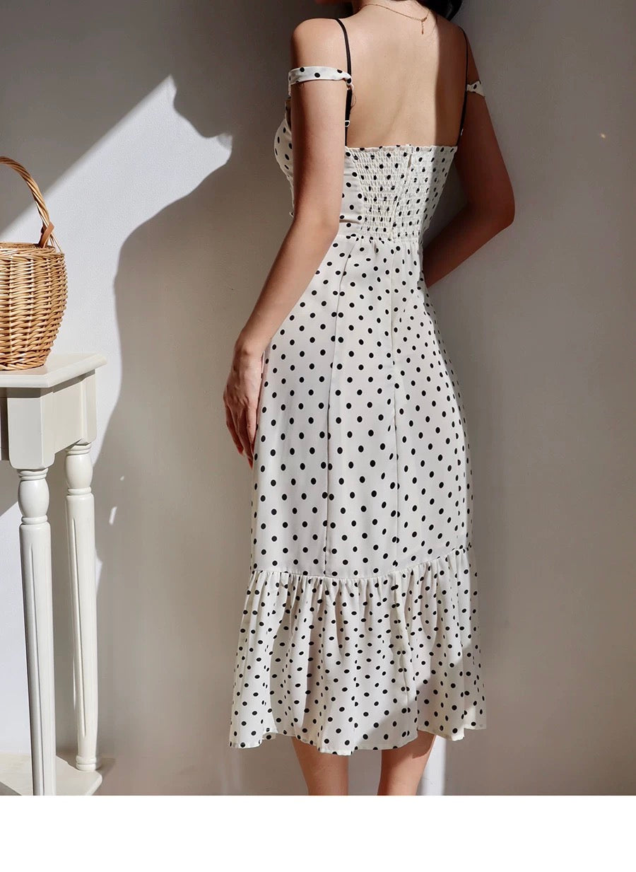 Polka Drop Shoulder Flute Hem Dress in White