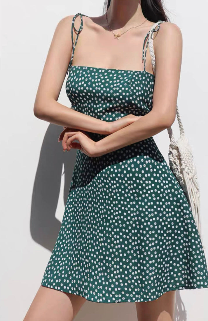 Mimi Floral Tie Strap Mini Dress in Green