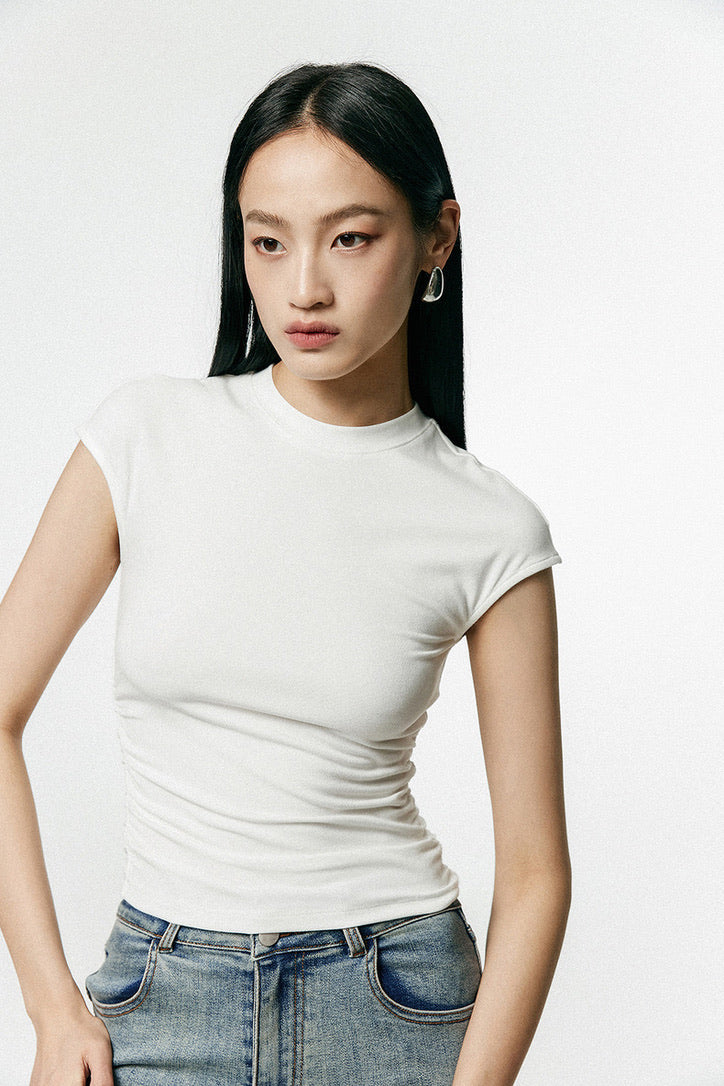 Cap Sleeve Side Shirring Top in White