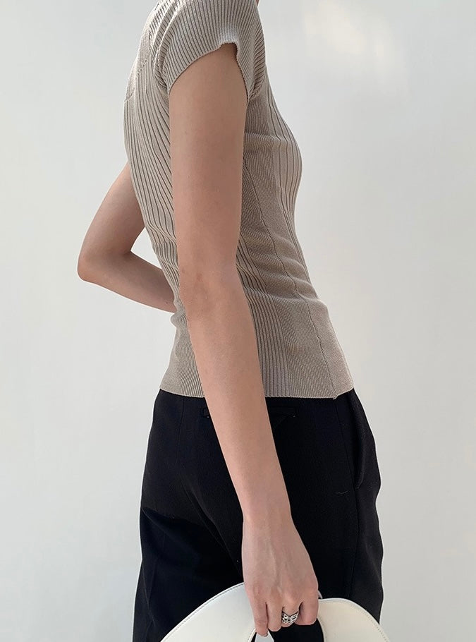 High Neck Duo Ribbed Top in Latte