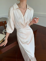 Load image into Gallery viewer, Satin Wrap Shirt Dress in Cream
