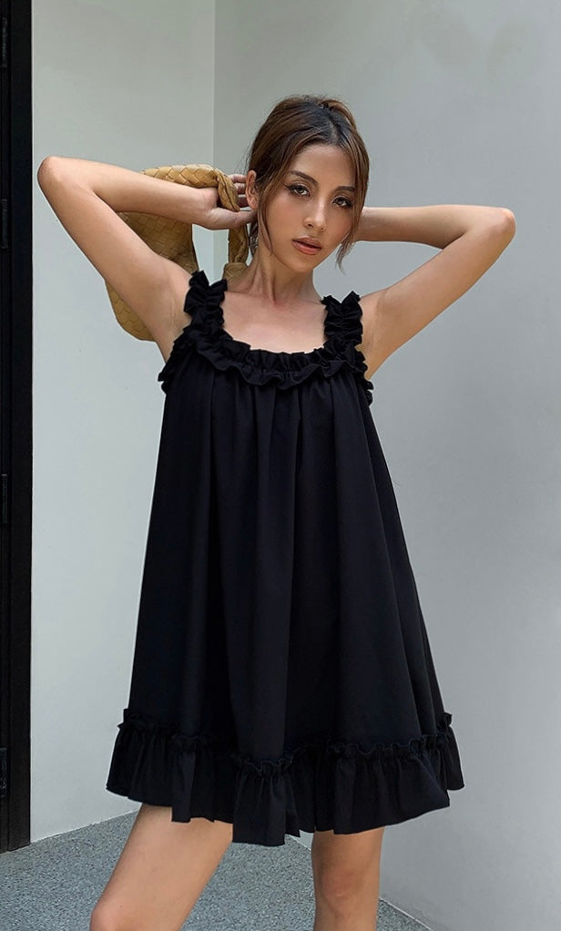 Sleeveless Gathered Babydoll Dress in Black