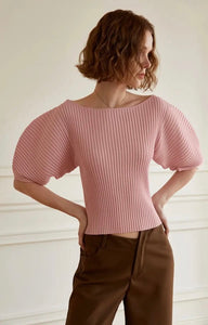 Knitted Puff Sleeve Ribbed Top in Pink