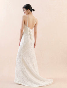 Drop Back Floral Lace Gown in White