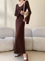 Load image into Gallery viewer, Knitted Flute Sleeve Maxi Dress in Brown
