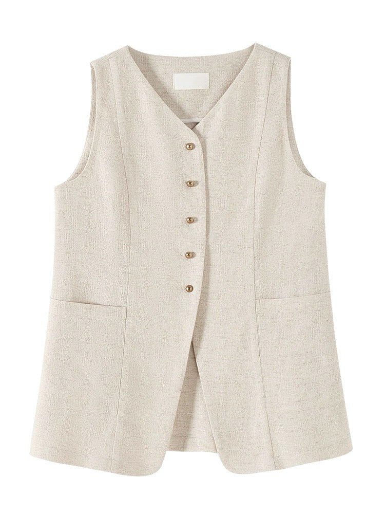 Linen Long Pocket Vest in Beige