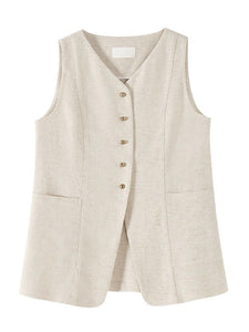 Linen Long Pocket Vest in Beige