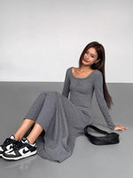 Load image into Gallery viewer, Long Sleeve Button Flare Maxi Dress in Grey
