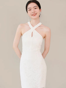 Keyhole Halter Lace Mini Dress in White
