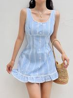 Load image into Gallery viewer, Checked Sleeveless Mini Dress in Blue
