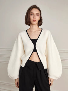 Oversized Puff Sleeve Clasp Cardigan in White