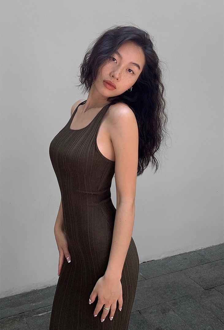 Ribbed Bodycon Tank Dress in Brown