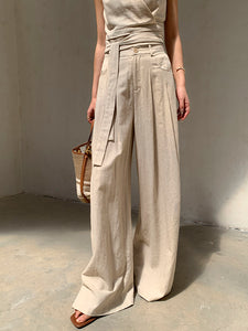 Linen Blend Tie Top + Trousers Set in Beige