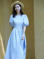 Load image into Gallery viewer, Checked Puff Sleeve Midi Dress in Blue
