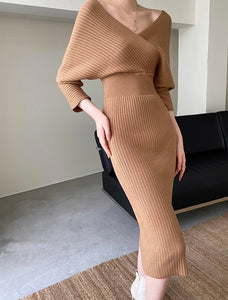Knitted Midi Dress in Tan