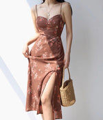 Load image into Gallery viewer, Ibizia Floral Wrap Tie Strap Slit Dress in Brown
