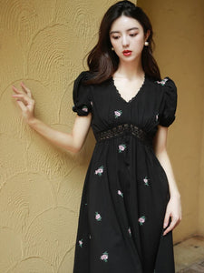 Floral Puff Sleeve Empire Dress in Black