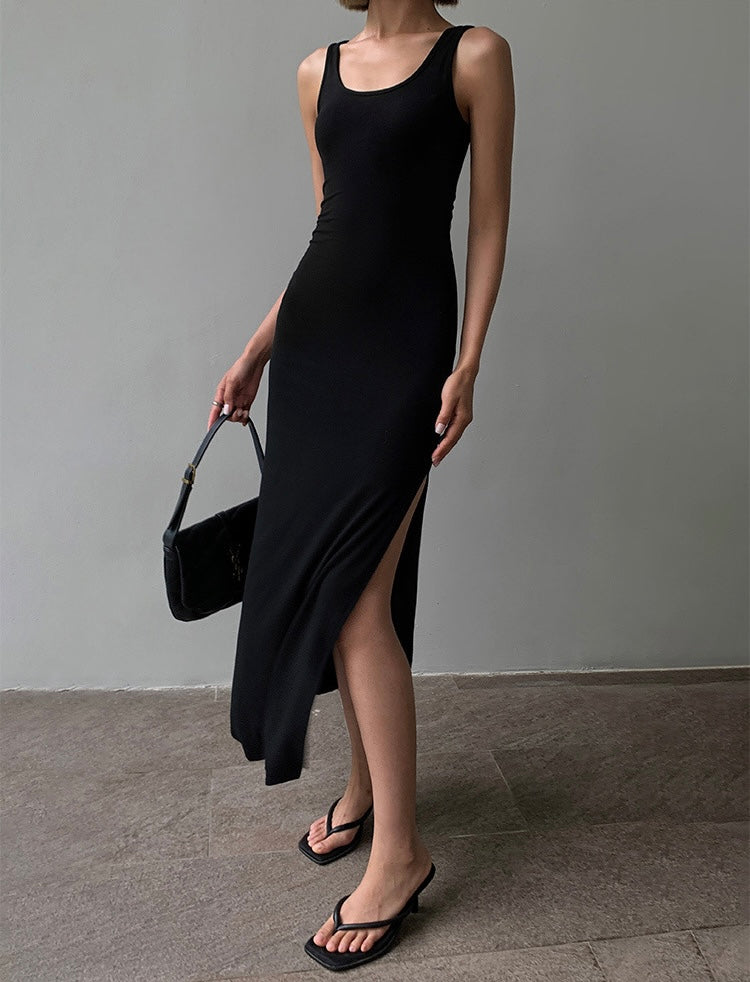 Stretch Cutout Slit Dress in Black