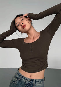 Cropped Button Long Sleeve Top in Brown