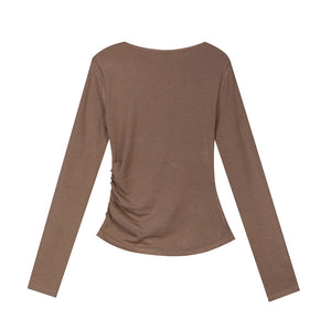 Asymmetric Side Shirring Long Top in Brown