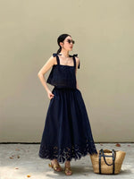 Load image into Gallery viewer, Laser Cut Tie Top + Skirt Set in Navy
