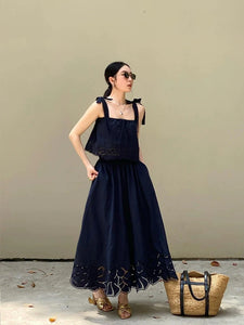 Laser Cut Tie Top + Skirt Set in Navy