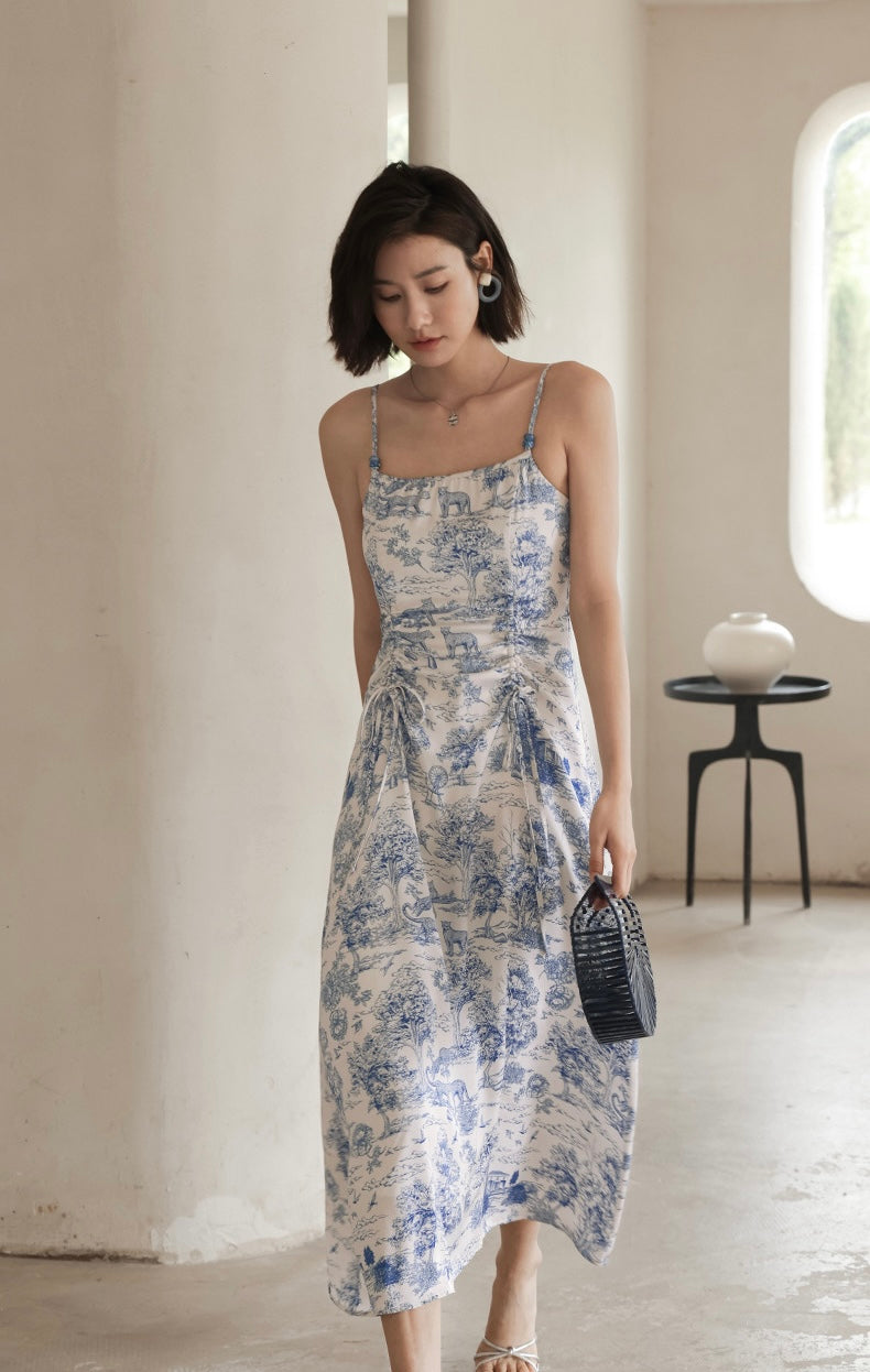 Toile Printed Cami Dress in White/Blue