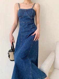 Denim Bustier Cami Maxi Dress in Blue