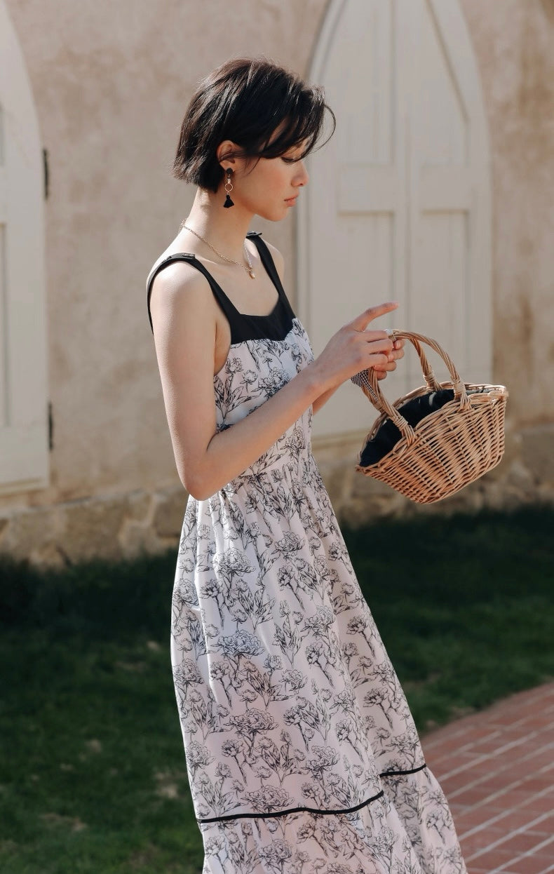 Floral Panel Maxi Dress in Black/White