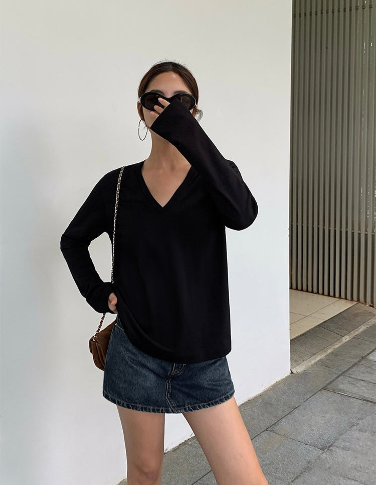 Relaxed V Long Sleeve Top in Black