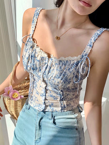 Toile Floral Bustier Top in Blue/White