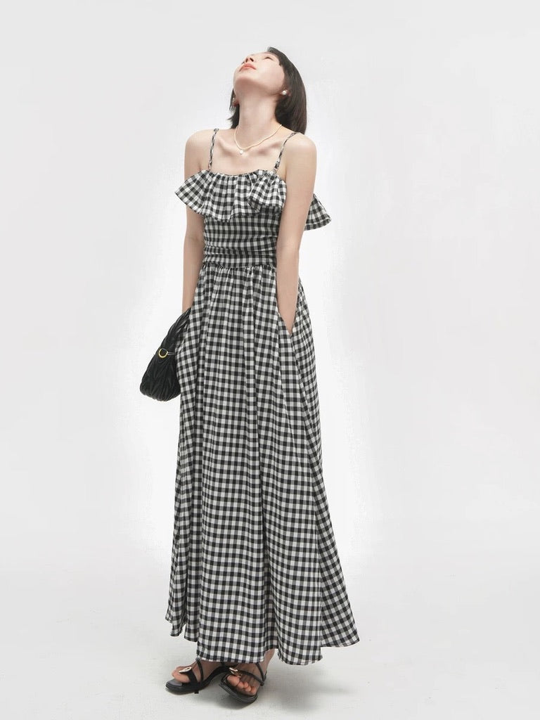 Gingham Pocket Maxi Dress in Black