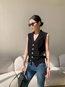 Knitted Sleeveless Button Vest Top in Black