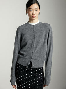 Classic Wool Blend Round Neck Cardigan in Grey