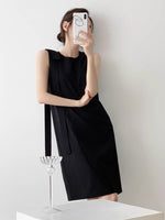 Load image into Gallery viewer, Long Bow Pleat Shift Dress in Black
