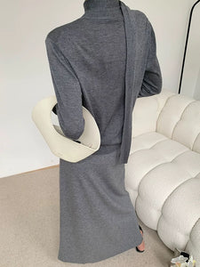 Light Knit Cardigan + Neck Tie in Grey