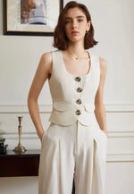 Load image into Gallery viewer, Sleeveless Contrast Button Vest in Cream
