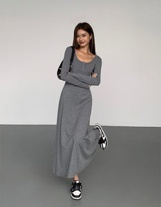 Long Sleeve Button Flare Maxi Dress in Grey