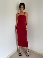 Load image into Gallery viewer, Drop Twist Back Bodycon Cami Dress in Red
