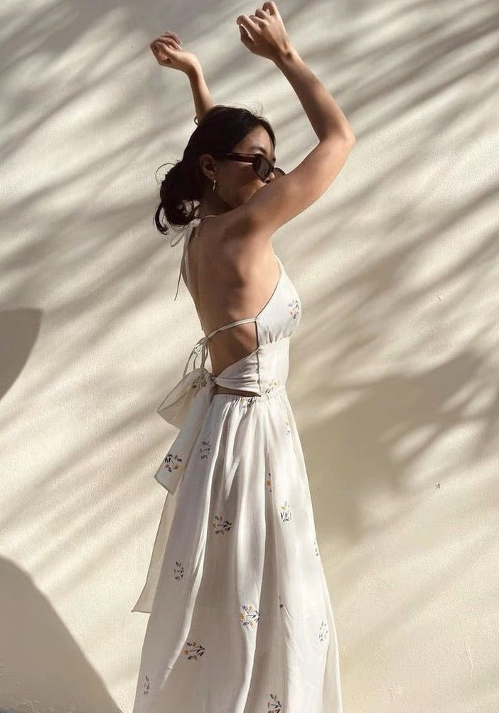 Tie Back Floral Pocket Maxi Dress in White LEXI + LOU Tie Back Floral Pocket Maxi Dress in White LEXI + LOU