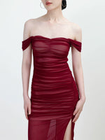 Load image into Gallery viewer, Off Shoulder Gathered Slit Gown in Red
