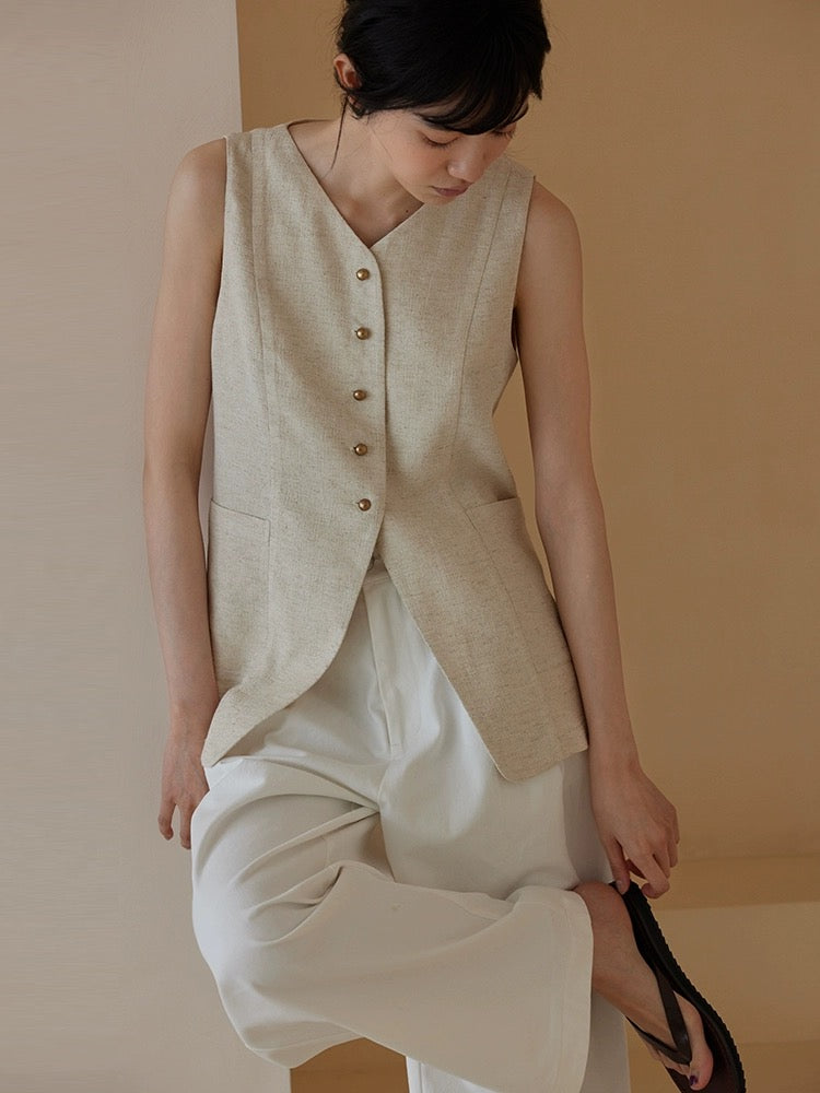 Linen Long Pocket Vest in Beige