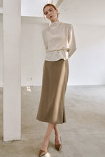 Load image into Gallery viewer, Korean Dio Tailored Midi Skirt in Greige
